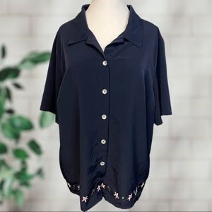 Vintage 90s Y2K Navy Short Sleeve Button Up Collared Blouse Floral Embroidery 2X
